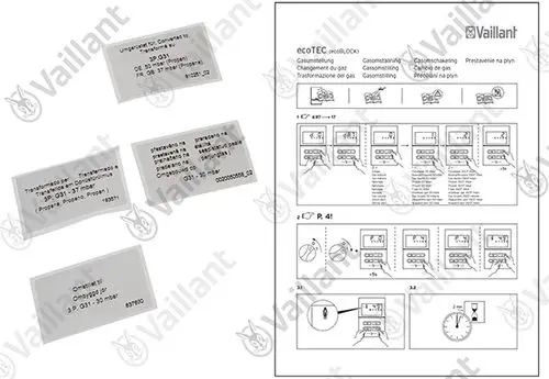 Vaillant Umstellsatz mit verschiedenen Etiketten und Anweisungen zur Gasumstellung, abgebildet auf mehreren transparenten Kunststoffkarten und Illustrationen.